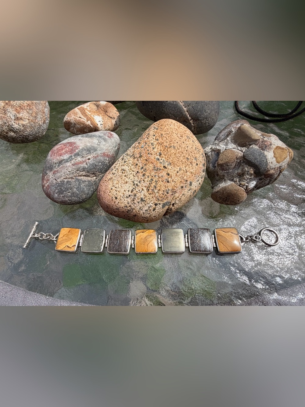 Handcrafted Natural Stone and Silver-Tone Link Bracelet - Yellow Brown